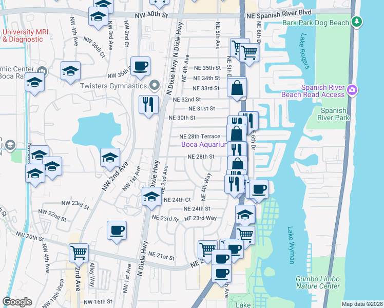 map of restaurants, bars, coffee shops, grocery stores, and more near 320 Northeast 28th Road in Boca Raton