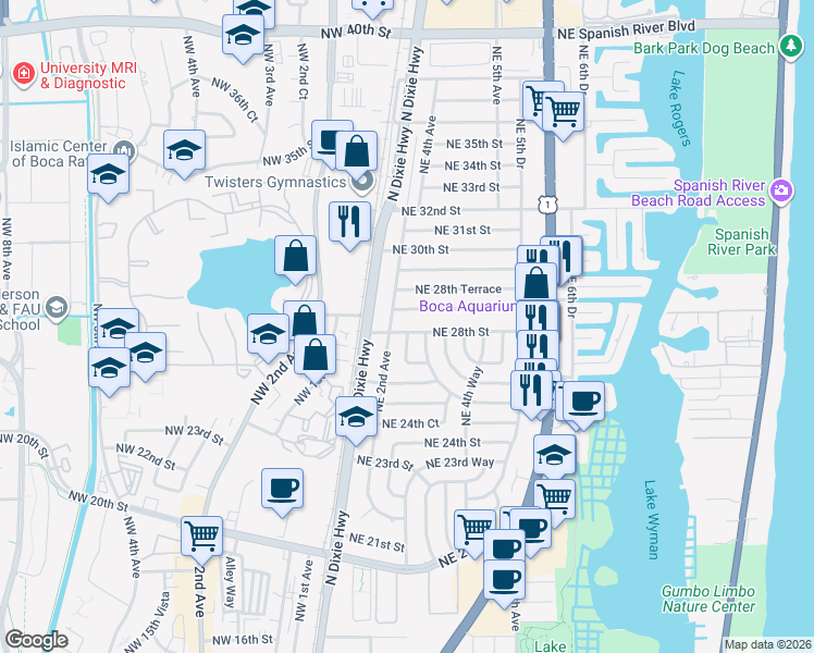 map of restaurants, bars, coffee shops, grocery stores, and more near 214 Northeast 28th Road in Boca Raton