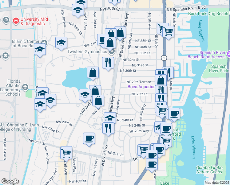 map of restaurants, bars, coffee shops, grocery stores, and more near 2820 North Dixie Highway in Boca Raton
