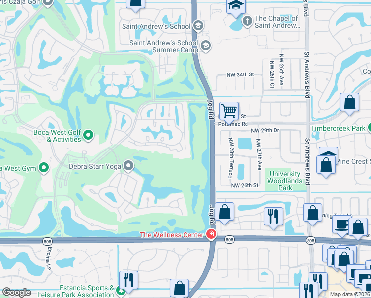 map of restaurants, bars, coffee shops, grocery stores, and more near 20000 Waters Edge Drive in Boca Raton