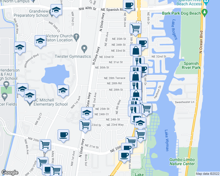 map of restaurants, bars, coffee shops, grocery stores, and more near 320 Northeast 28th Road in Boca Raton
