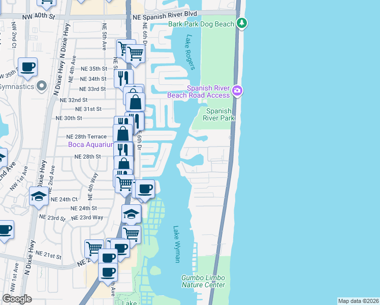 map of restaurants, bars, coffee shops, grocery stores, and more near 2701 North Ocean Boulevard in Boca Raton