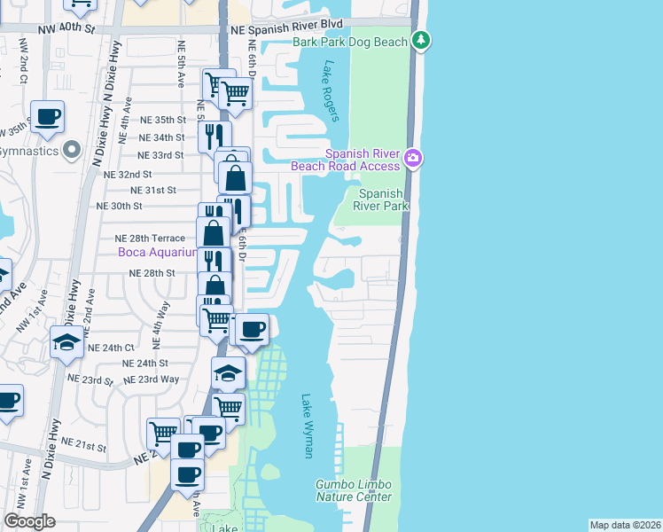 map of restaurants, bars, coffee shops, grocery stores, and more near 2701 North Ocean Boulevard in Boca Raton