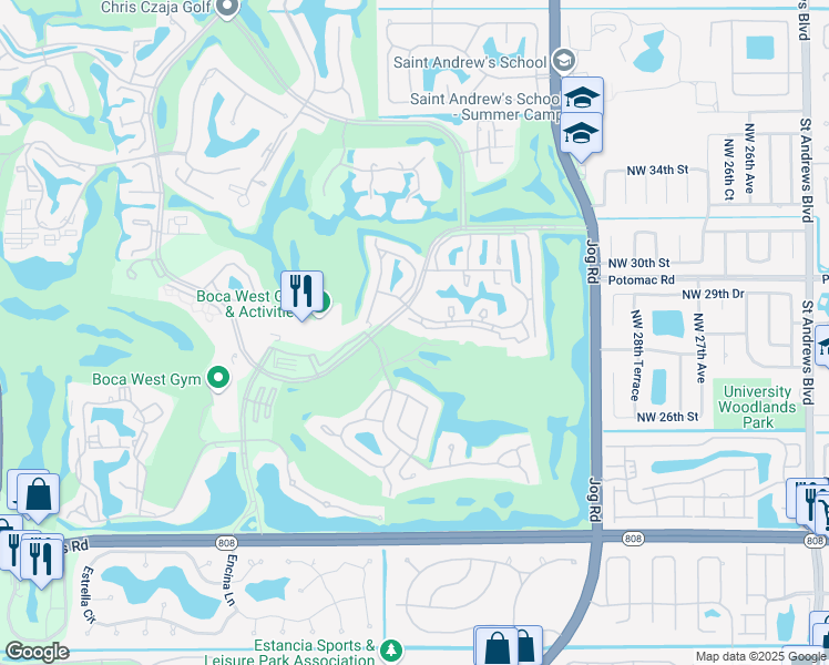 map of restaurants, bars, coffee shops, grocery stores, and more near 20375 Boca West Drive in Boca Raton