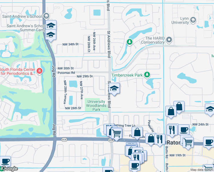 map of restaurants, bars, coffee shops, grocery stores, and more near 2880 Northwest 25th Way in Boca Raton