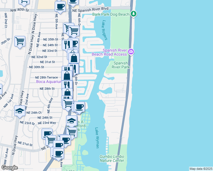 map of restaurants, bars, coffee shops, grocery stores, and more near 2701 North Ocean Boulevard in Boca Raton