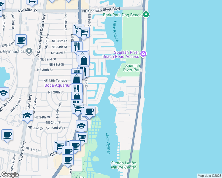 map of restaurants, bars, coffee shops, grocery stores, and more near 2701 North Ocean Boulevard in Boca Raton