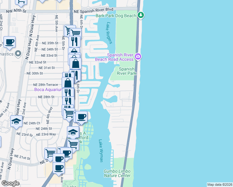 map of restaurants, bars, coffee shops, grocery stores, and more near 2687 North Ocean Boulevard in Boca Raton