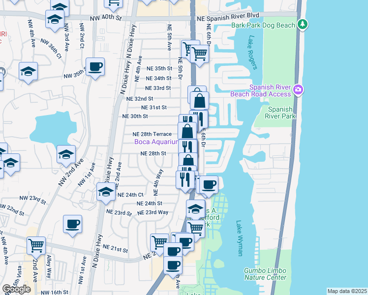 map of restaurants, bars, coffee shops, grocery stores, and more near 2810 Northeast 5th Avenue in Boca Raton