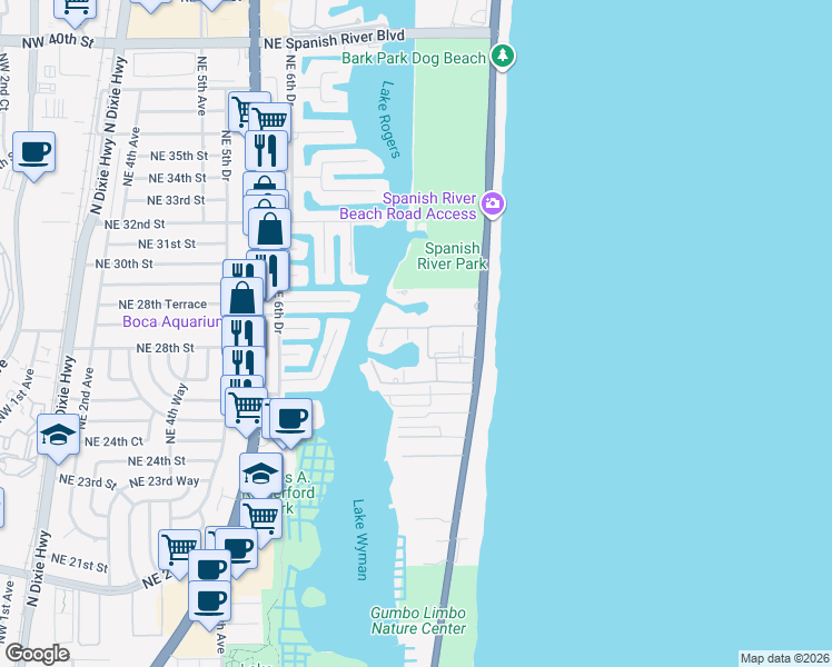 map of restaurants, bars, coffee shops, grocery stores, and more near 2707 North Ocean Boulevard in Boca Raton