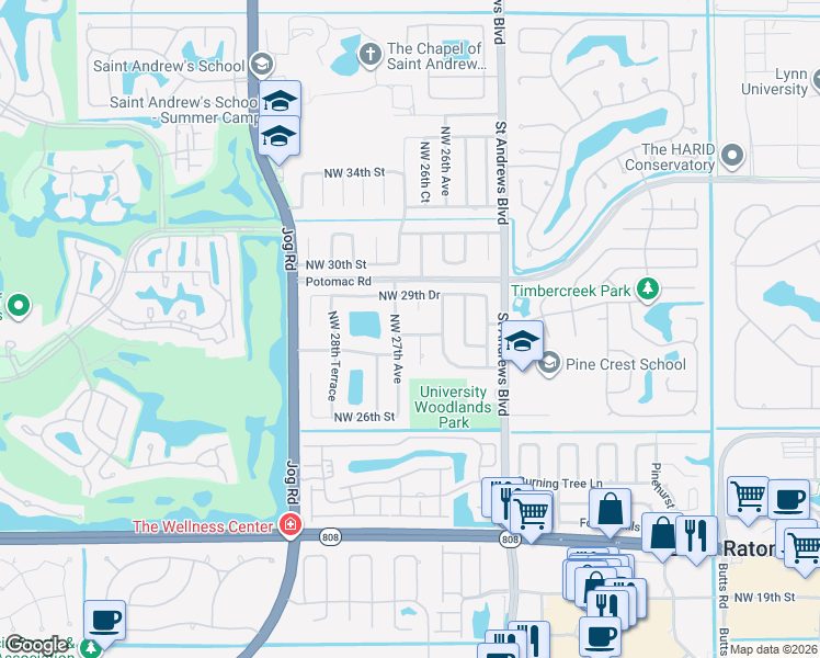 map of restaurants, bars, coffee shops, grocery stores, and more near 2625 Northwest 29th Street in Boca Raton