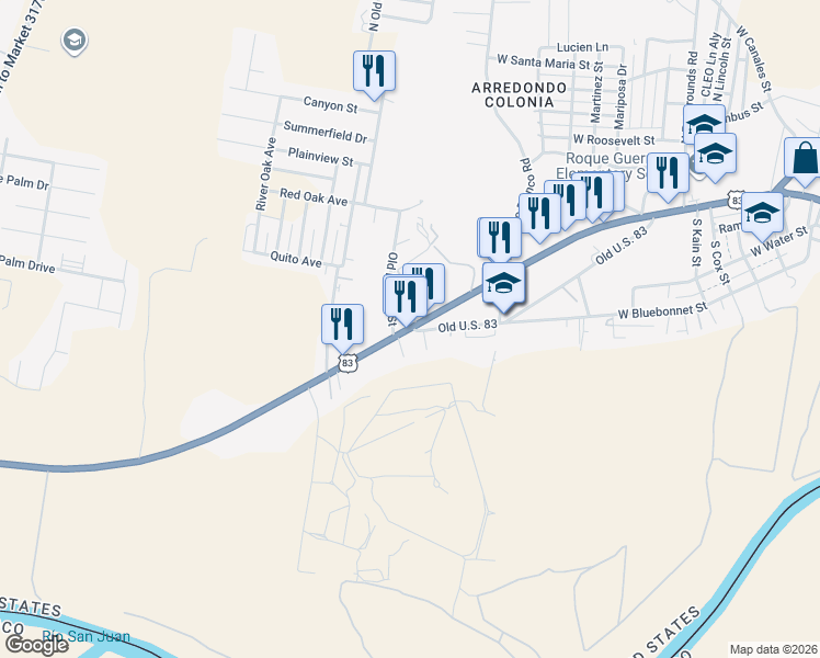 map of restaurants, bars, coffee shops, grocery stores, and more near 1600 West Main Street in Rio Grande City