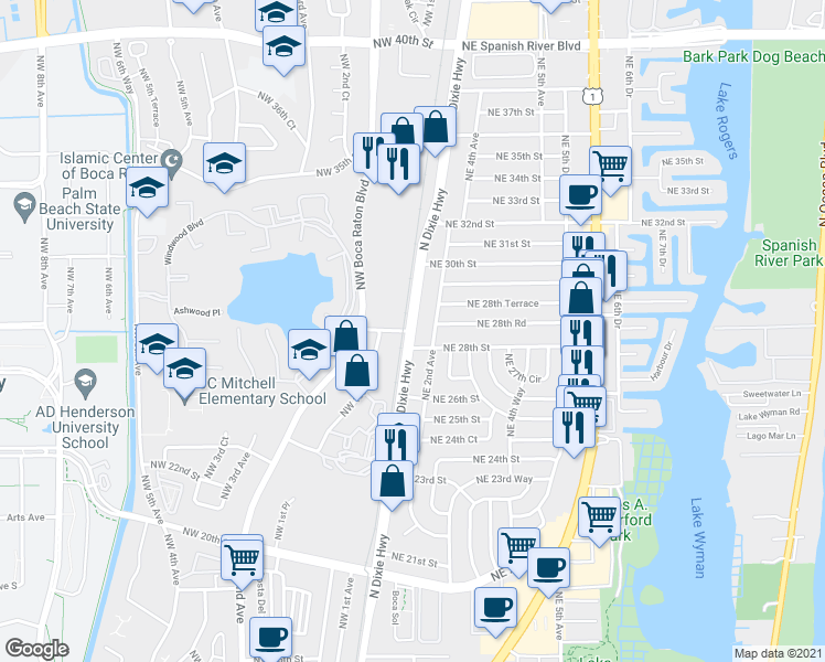 map of restaurants, bars, coffee shops, grocery stores, and more near N Dixie Hwy & NW 28th St in Boca Raton