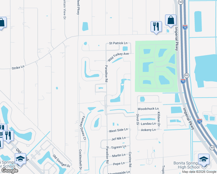 map of restaurants, bars, coffee shops, grocery stores, and more near 24929 Paradise Road in Bonita Springs