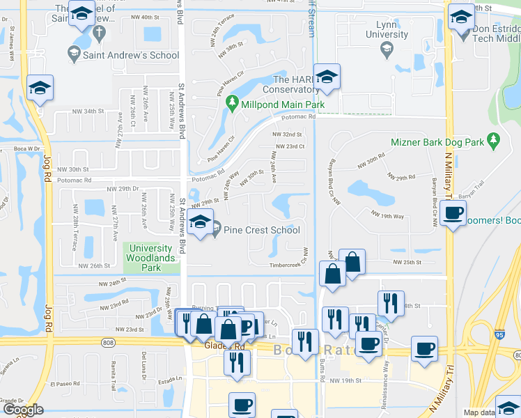 map of restaurants, bars, coffee shops, grocery stores, and more near 2877 Timbercreek Circle Northwest in Boca Raton