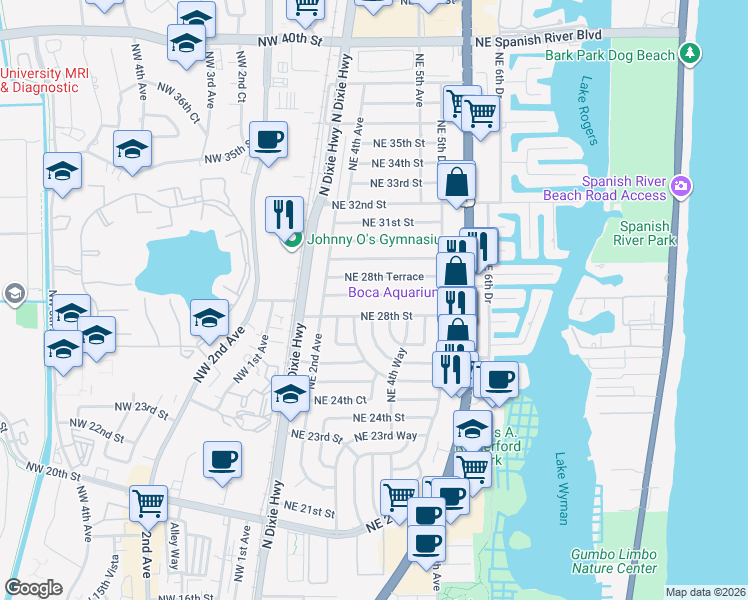map of restaurants, bars, coffee shops, grocery stores, and more near 320 Northeast 28th Road in Boca Raton