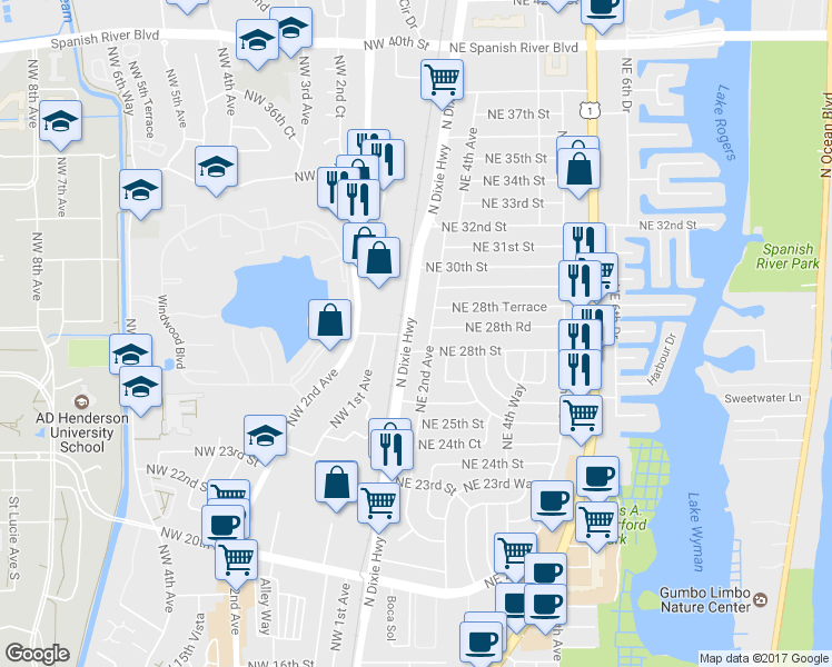 map of restaurants, bars, coffee shops, grocery stores, and more near 2820 North Dixie Highway in Boca Raton