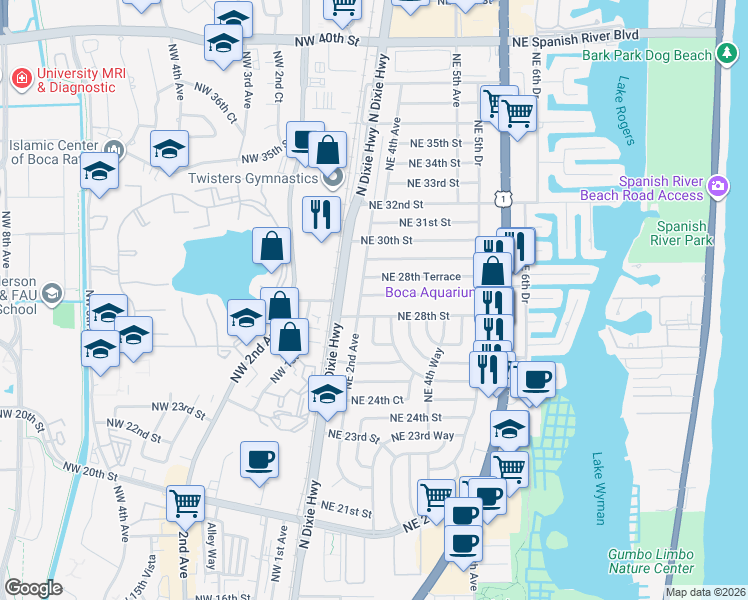 map of restaurants, bars, coffee shops, grocery stores, and more near 214 Northeast 28th Road in Boca Raton