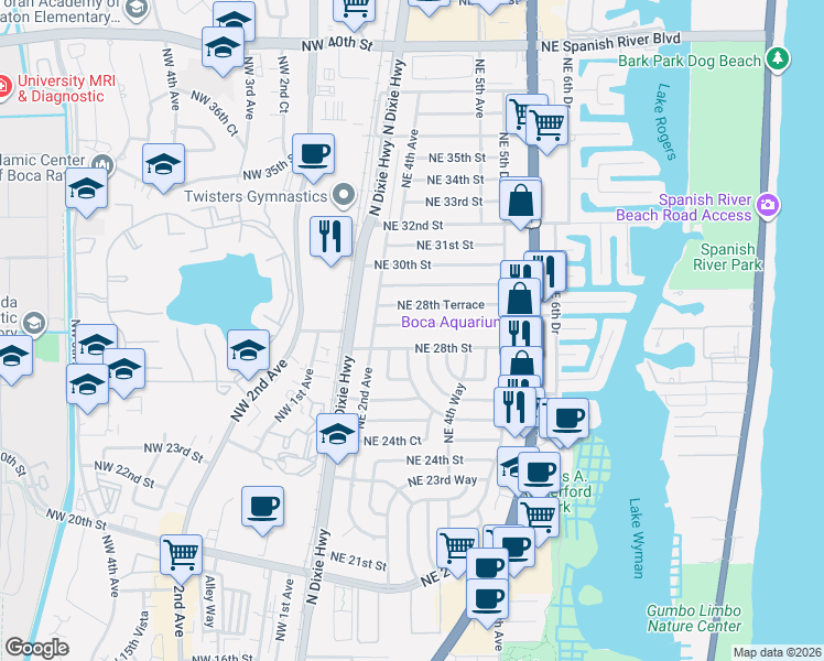 map of restaurants, bars, coffee shops, grocery stores, and more near 320 Northeast 28th Road in Boca Raton