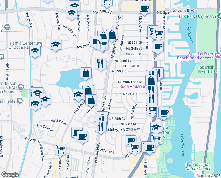 map of restaurants, bars, coffee shops, grocery stores, and more near 2820 North Dixie Highway in Boca Raton