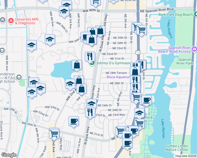 map of restaurants, bars, coffee shops, grocery stores, and more near 2820 North Dixie Highway in Boca Raton