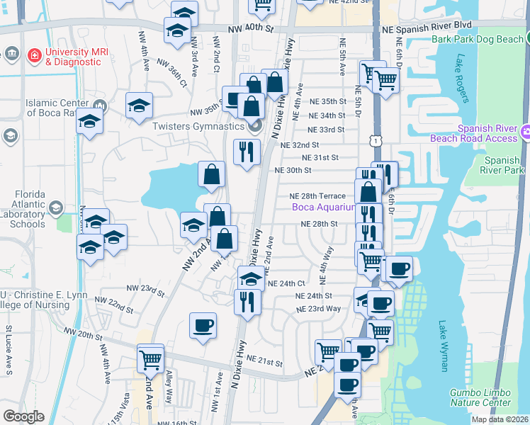 map of restaurants, bars, coffee shops, grocery stores, and more near 2820 North Dixie Highway in Boca Raton