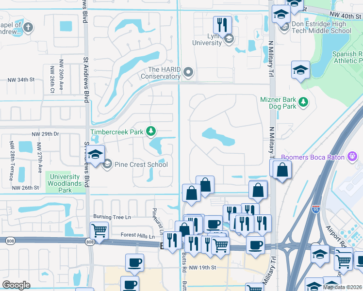 map of restaurants, bars, coffee shops, grocery stores, and more near 2693 Northwest 23rd Way in Boca Raton