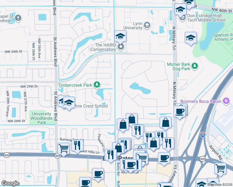 map of restaurants, bars, coffee shops, grocery stores, and more near 2693 Northwest 23rd Way in Boca Raton