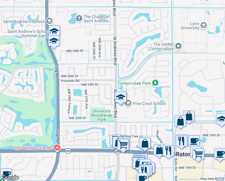 map of restaurants, bars, coffee shops, grocery stores, and more near 2880 Northwest 25th Way in Boca Raton