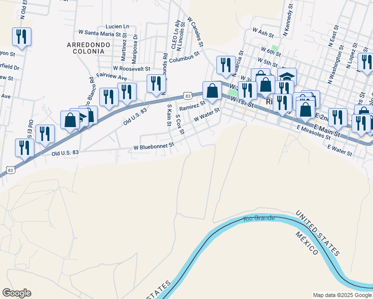 map of restaurants, bars, coffee shops, grocery stores, and more near 305 Kain Street in Rio Grande City