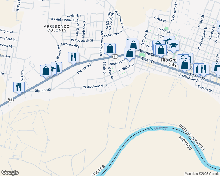 map of restaurants, bars, coffee shops, grocery stores, and more near 305 Kain Street in Rio Grande City