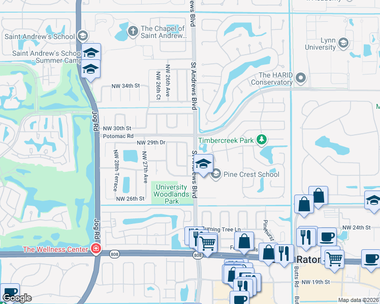map of restaurants, bars, coffee shops, grocery stores, and more near 2880 Northwest 25th Way in Boca Raton