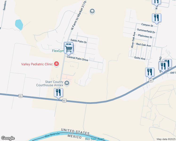 map of restaurants, bars, coffee shops, grocery stores, and more near 2472 Lady Palm Drive in Rio Grande City