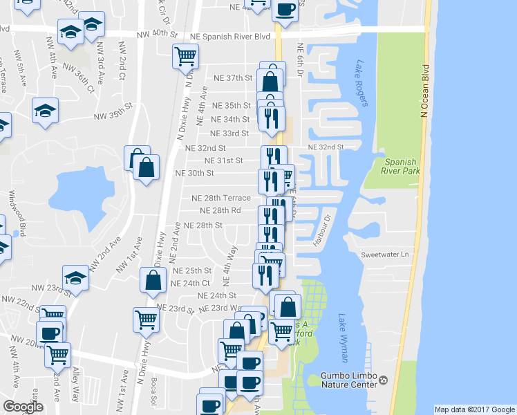 map of restaurants, bars, coffee shops, grocery stores, and more near 2810 Northeast 5th Avenue in Boca Raton
