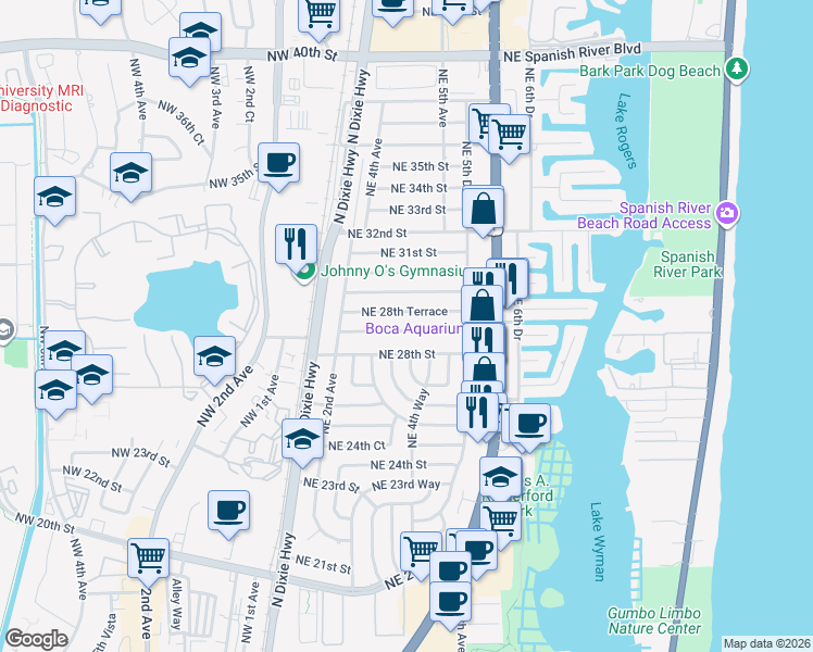 map of restaurants, bars, coffee shops, grocery stores, and more near 320 Northeast 28th Road in Boca Raton