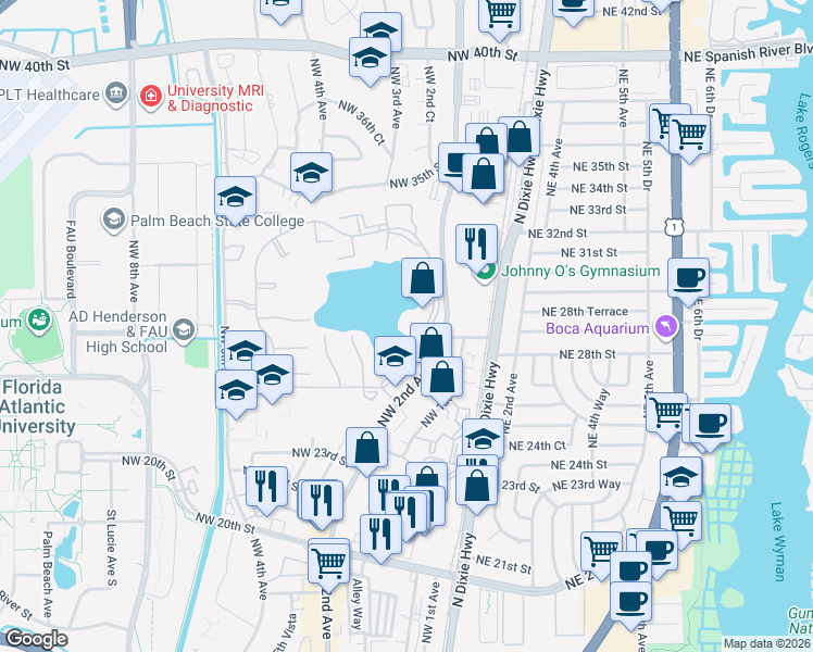 map of restaurants, bars, coffee shops, grocery stores, and more near 300 Palmwood Place in Boca Raton