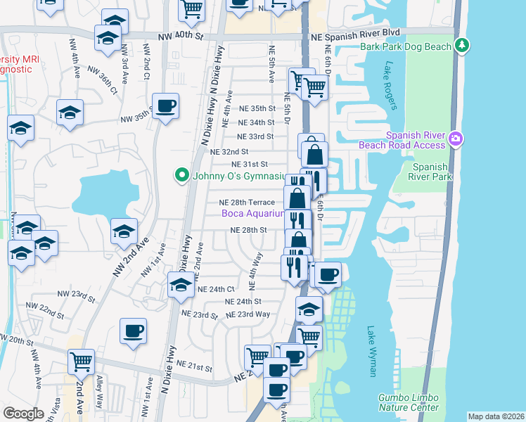 map of restaurants, bars, coffee shops, grocery stores, and more near 411 Northeast 28th Road in Boca Raton