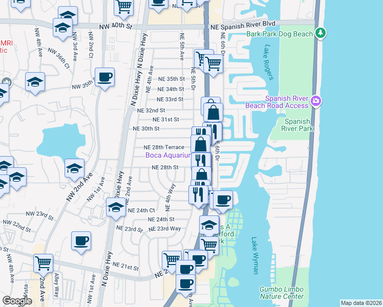 map of restaurants, bars, coffee shops, grocery stores, and more near 499 Northeast 28th Road in Boca Raton