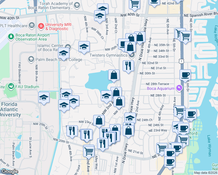 map of restaurants, bars, coffee shops, grocery stores, and more near 300 Palmwood Place in Boca Raton