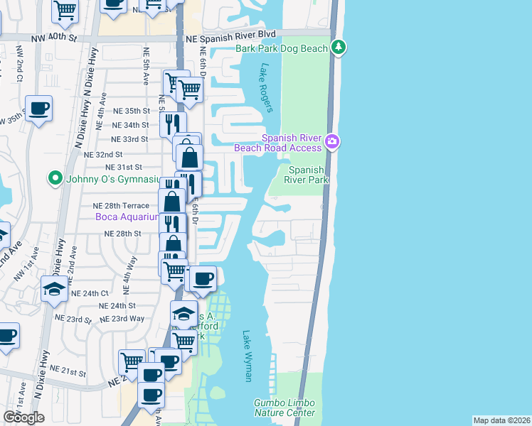map of restaurants, bars, coffee shops, grocery stores, and more near 2701 North Ocean Boulevard in Boca Raton
