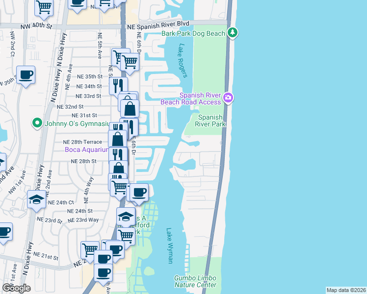 map of restaurants, bars, coffee shops, grocery stores, and more near 2701 North Ocean Boulevard in Boca Raton