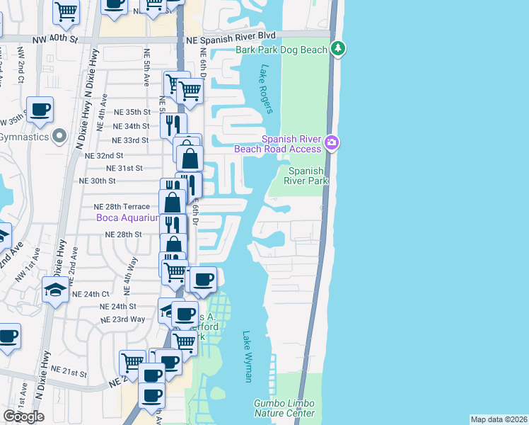 map of restaurants, bars, coffee shops, grocery stores, and more near 2701 North Ocean Boulevard in Boca Raton