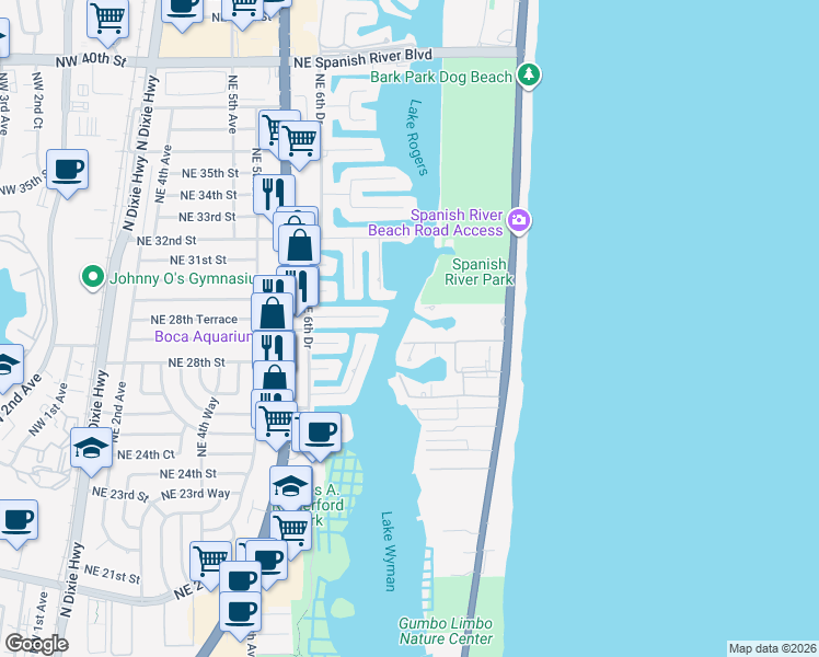 map of restaurants, bars, coffee shops, grocery stores, and more near 2701 North Ocean Boulevard in Boca Raton