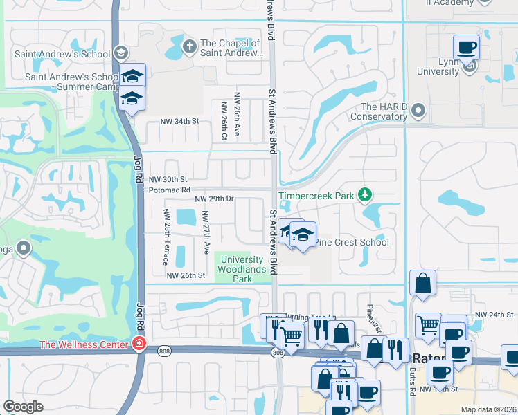 map of restaurants, bars, coffee shops, grocery stores, and more near 2900 Northwest 25th Terrace in Boca Raton
