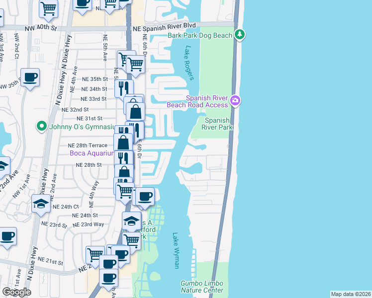map of restaurants, bars, coffee shops, grocery stores, and more near 2701 North Ocean Boulevard in Boca Raton
