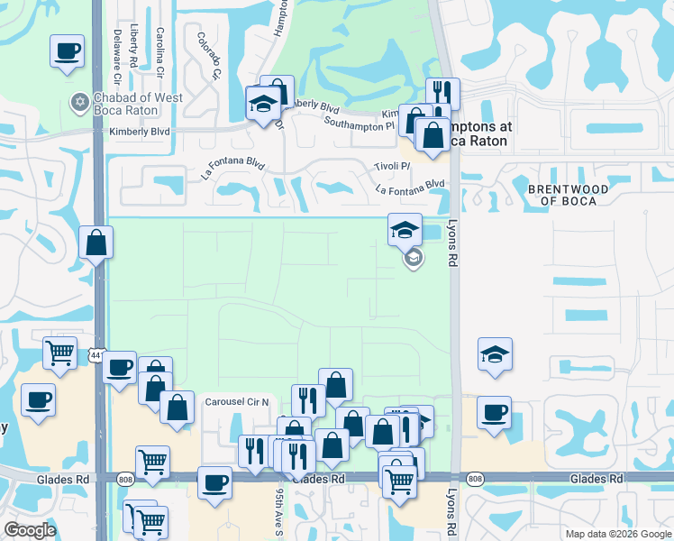 map of restaurants, bars, coffee shops, grocery stores, and more near 20150 State Road 7 in Boca Raton