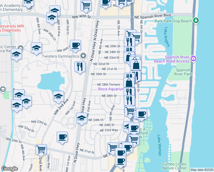 map of restaurants, bars, coffee shops, grocery stores, and more near 320 Northeast 29th Street in Boca Raton