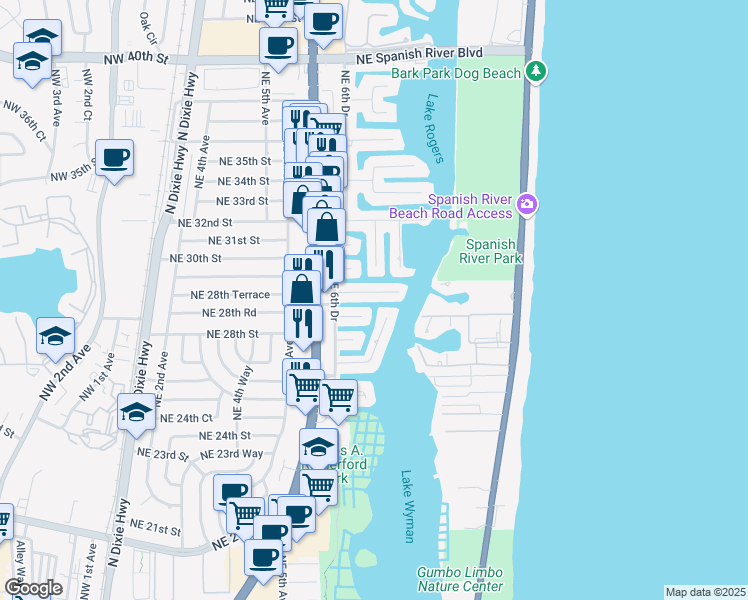 map of restaurants, bars, coffee shops, grocery stores, and more near 701 Marine Drive in Boca Raton