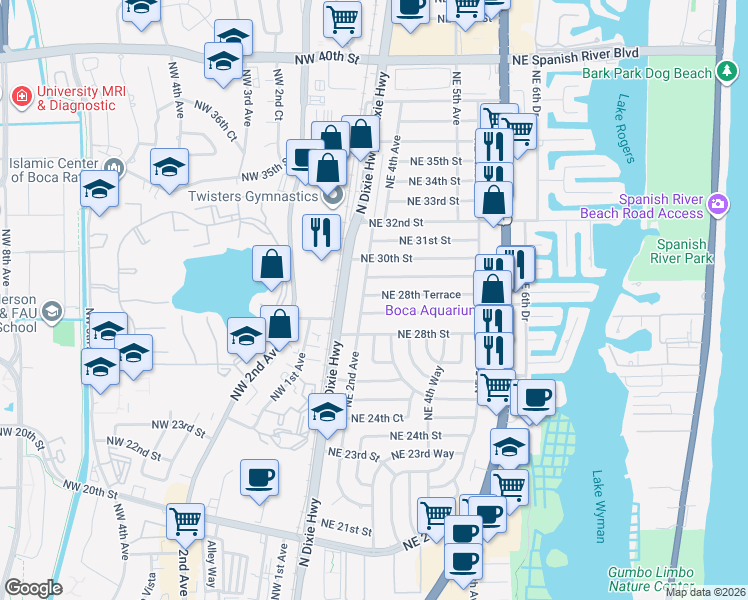 map of restaurants, bars, coffee shops, grocery stores, and more near 232 Northeast 29th Street in Boca Raton