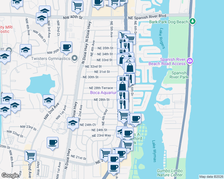 map of restaurants, bars, coffee shops, grocery stores, and more near 426 Northeast 29th Street in Boca Raton